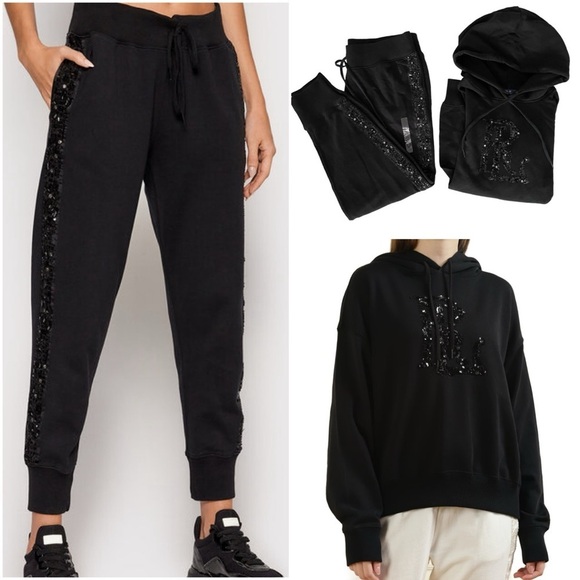 Polo Ralph Lauren Pants - SET POLO RALPH LAUREN Embellished Logo French Terry Hoodie Jogger L Black bling